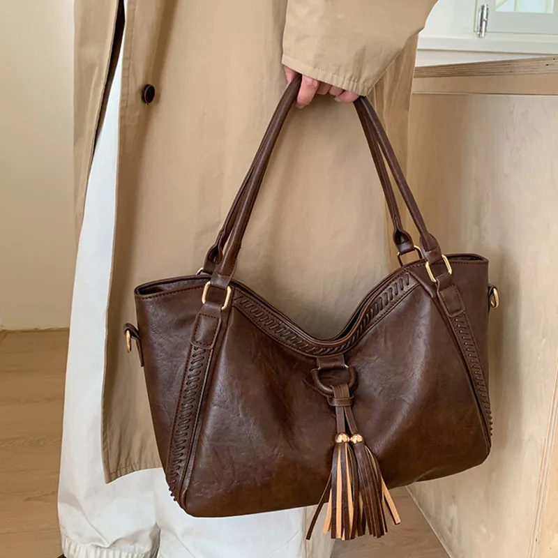 المرأة ريترو شرابة حمل حقيبة الأمريكية عادية موضة حقائب اليد سعة كبيرة الخريف الشتاء بولي Leather الجلود تخفيف حقائب كروسبودي #1