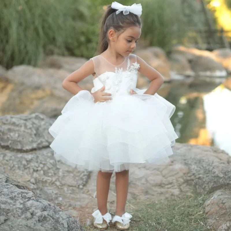 

White Flower Girl Dresses Tulle Puffy Flowers Appliques With Bow Sleeveless For Wedding Birthday Party Holy Communion Gowns