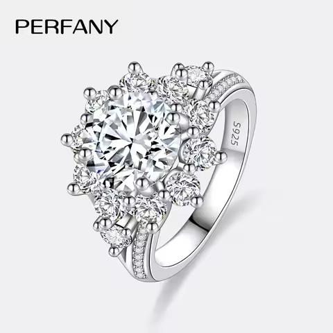 PERFANY 3CT Sunflower Moissanite Ring for Women S925 Pure Silver Plated 18K White Gold Diamond Luxury Wedding Jewelry