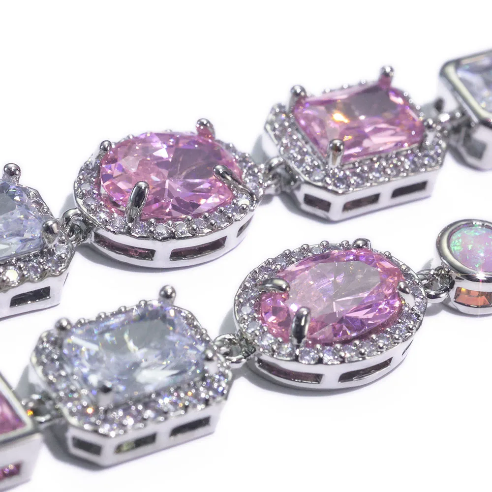 ESKEEM 10mm Opal Custom Bling Pink CZ Stone Chain Silver Gold Plated Geometric Gemstone Motif Iced Bracelet Bangle