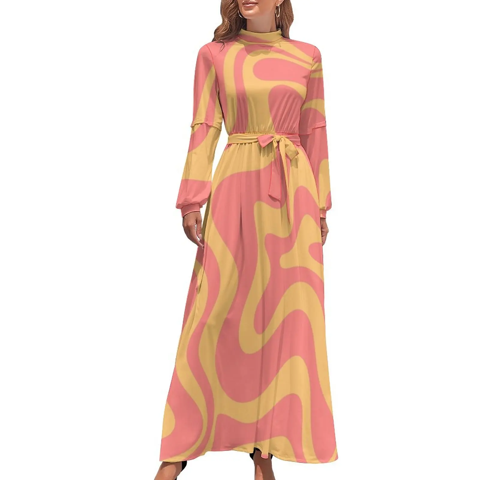 Liquid Swirl Retro Modern Abstract Pattern in Pink and Mustard Yellow Long Dress summer dress korean women Woman's evening dress