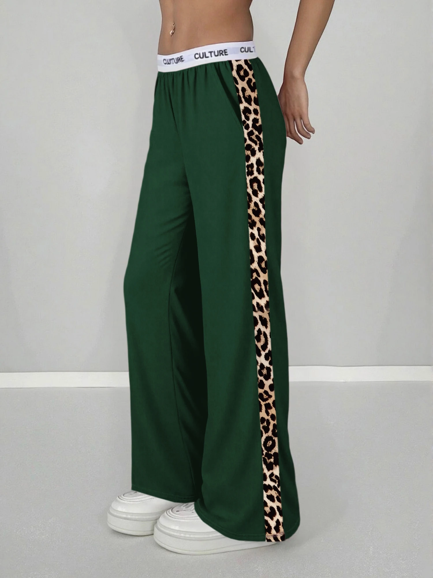 2026 Neu Heißer Verkauf Damen Leopardenmuster Seitenstreifen Weite Hose Lässige High-Waist Hose mit Schriftzug-Bund Lockerer Streetwear-Stil – Detail 17