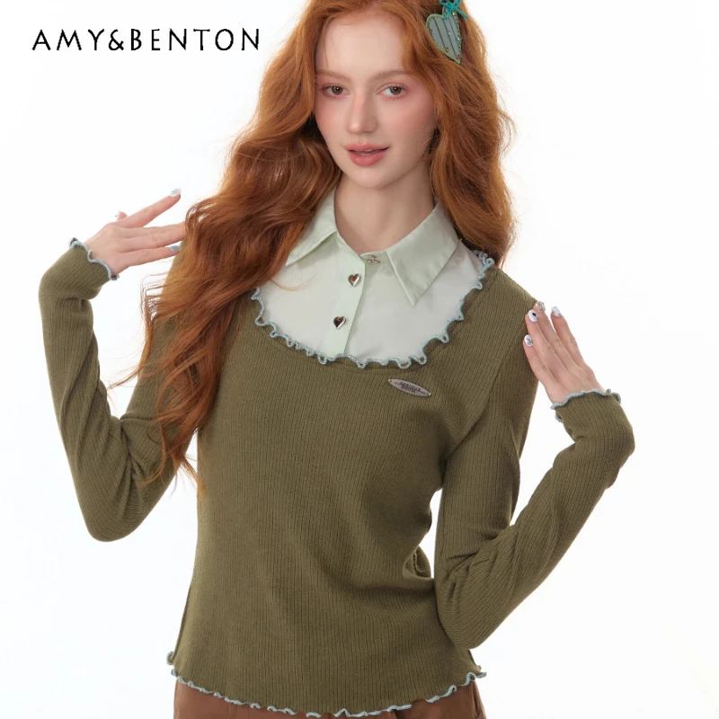 

French Design Sense Ruffled Edge Fake Two-Piece Polo Collar Women's T-Shirt Autumn Olive Green Knitted Bottoming Shirt Ladies