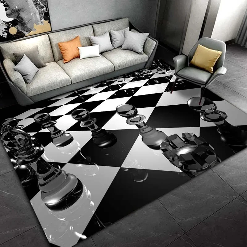 International Chess Chessboard Print Rectangle Carpet Area Rug Black and White Floor Mat Non-slip Rug for Home Entrance Decor