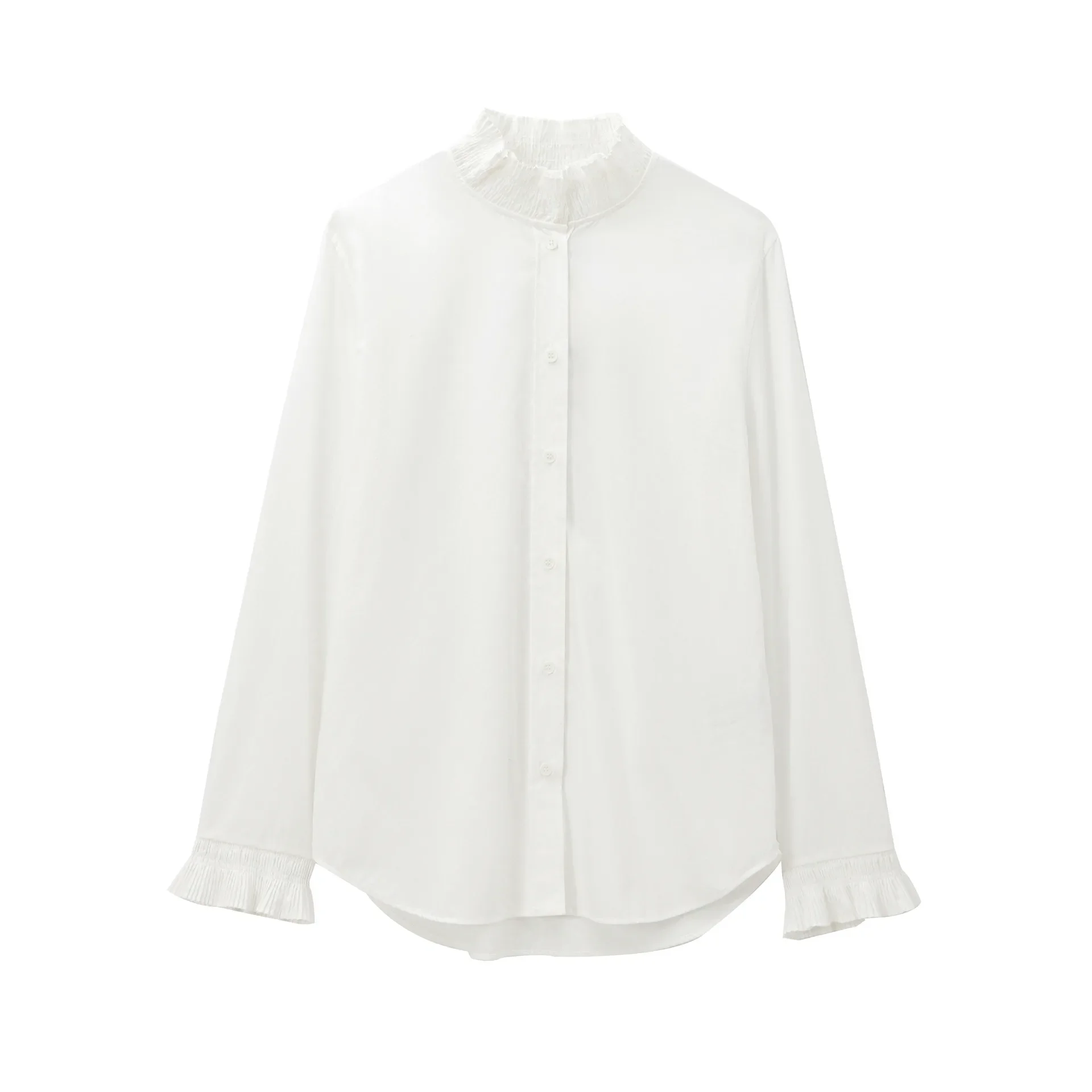 

Европейская и американская женская одежда, весна 2021, новый продукт, плиссированный воротник, универсальный свободный кардиган, рубашка с расклешенными рукавами, топ