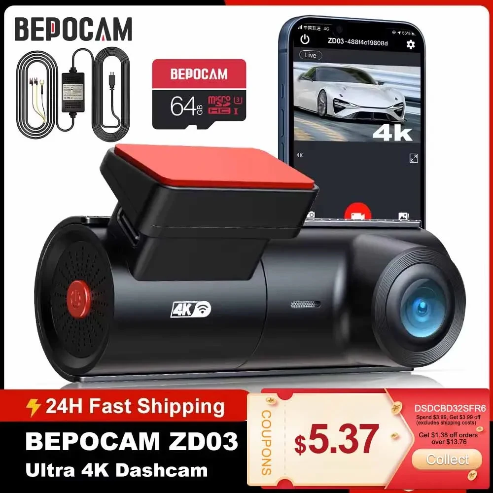 BEPOCAM ZD03 4K HD Dash Cam for Cars Built-in WiFi WDR Night Vision F1.8 Aperture Car DVR 24H Parking Monitor WIFI & App Control