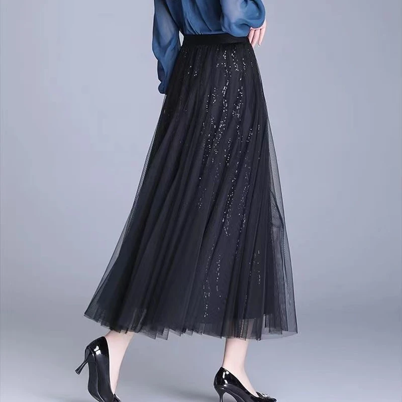 Elegante preto longo tule saias femininas casual cintura alta uma linha faldas largas coreano y2k roupas comprimento médio plissado saia alargamento