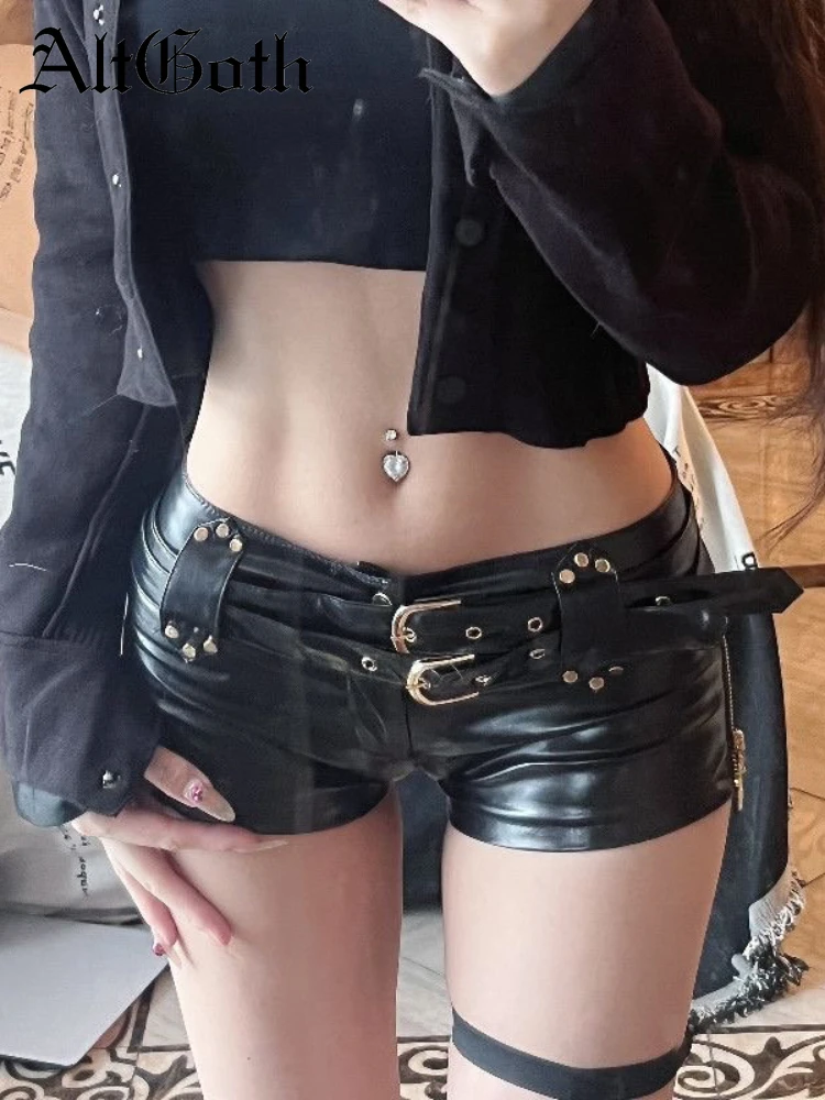 AltGoth Cyber Punk Nightclub Shorts Women Dark Goth Y2k E-girl Streetwear Harajuku Grunge Sexy Low Waist Pu Leather Shorts Femme