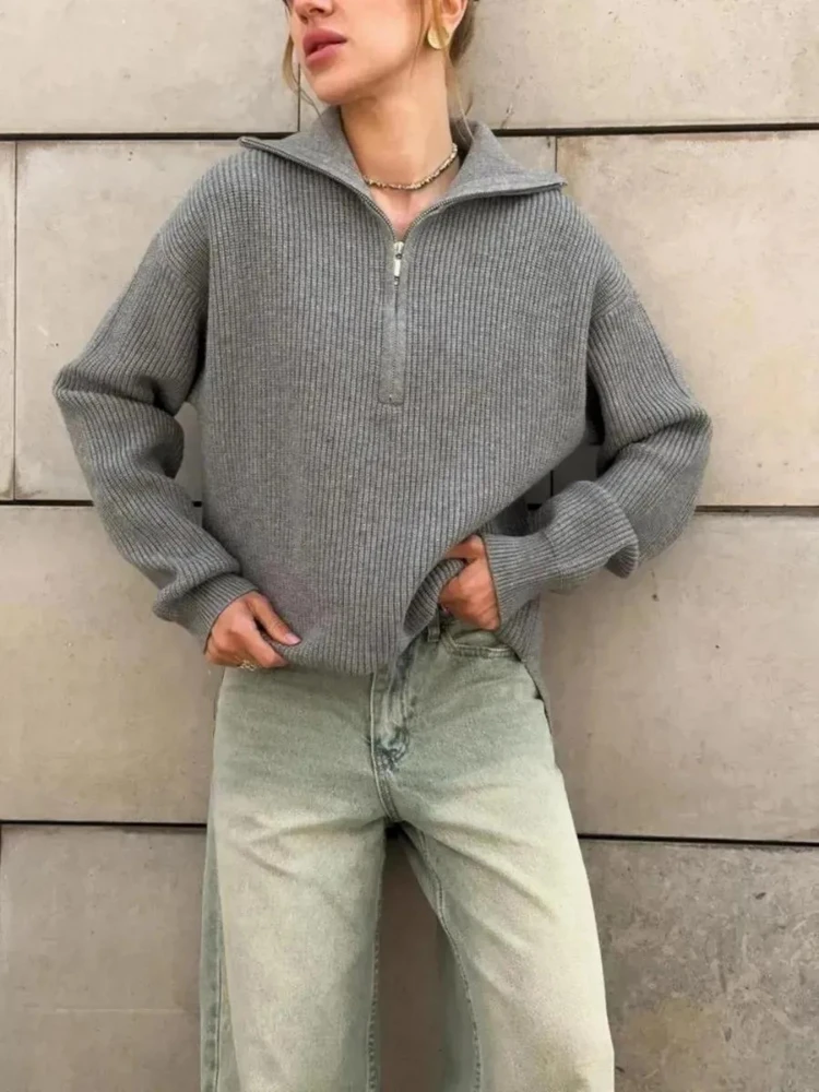 

Women's Loose Fit Half Zip Grey Pullover Sweater Autumn Winter Warm Thick Long Sleeve Fashion Leisure Simple Style