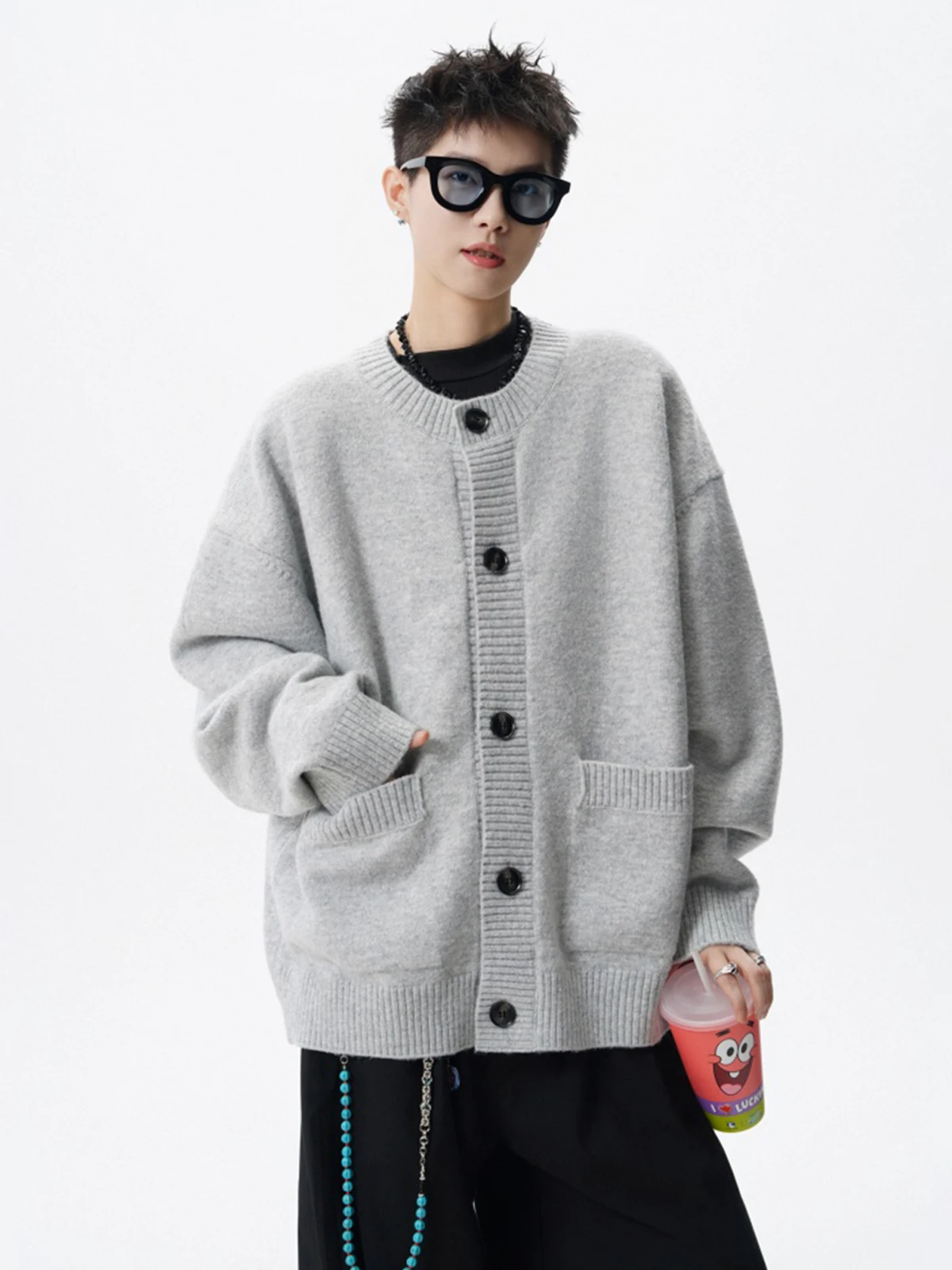 Spring and Autumn New American Retro Men's Light Gray Cardigan Sweater Couple High Street Large Pocket Casual Dark Gray Cardigan