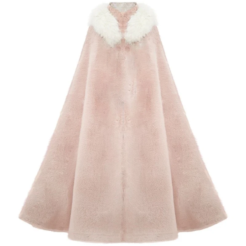 

Pink Cloak Hanfu Velvet Thickened Warm Antique Shawl Fur Collar Jacket Can Be Worn Daily in Winter