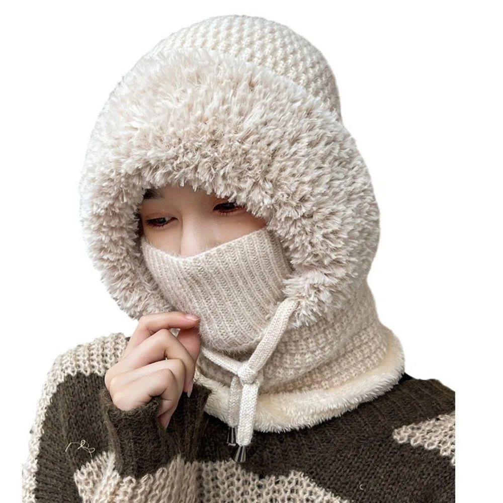 

Simple Multi functional Balaclavas Hat With Ties Solid Color Knitted Beanies Hat Windproof Bib Mask Neck Cover Set Riding