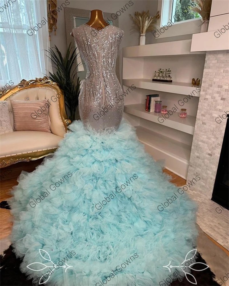 Light Blue Bead Cristal Long Prom Dress Meninas pretas 2024 Sparkly Birthday Party Dresses Ruffles Vestido de noite Robe De Customized