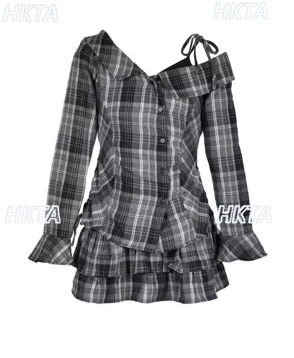 Dolce autunno pendolarismo con spalle scoperte collo inclinato corno manica lunga pull pieghettato sottile irregolare plaid top torta gonne corte set