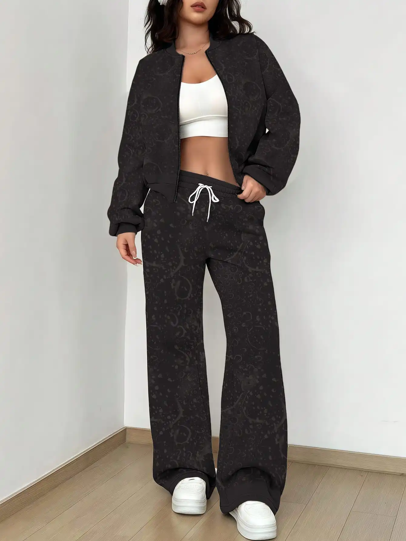 

2025 Autumn New Women's Flower Pattern Color Contrasting Zipper Long Sleeve Tethered Pants Set