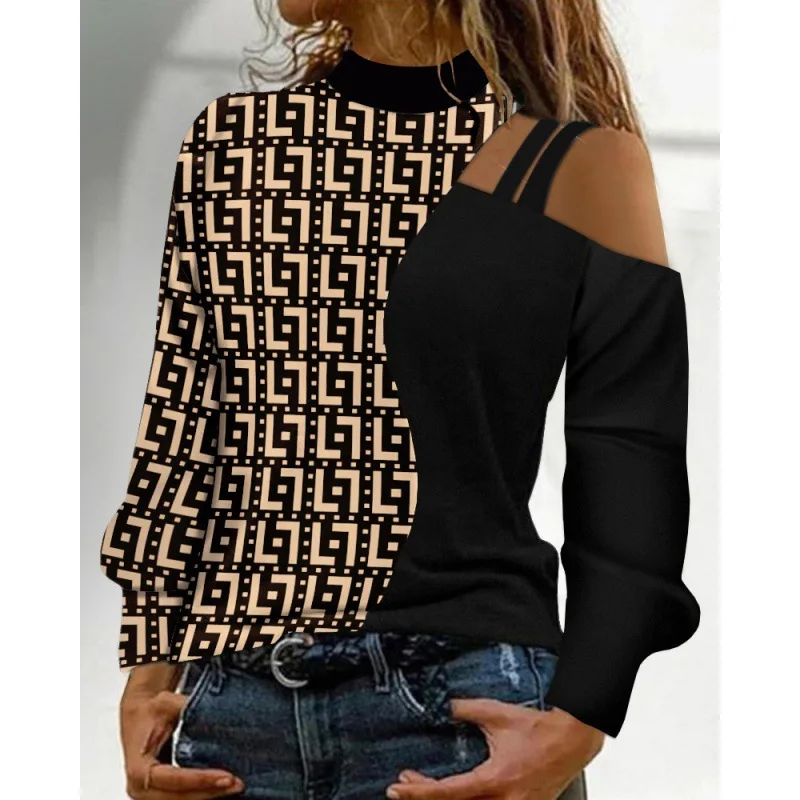 Autumn Winter Fashion Sexy Off Shoulder Print Tops 2023 Women Elegant O-neck Chic Office Lady Female Party Long Sleeve Blouse