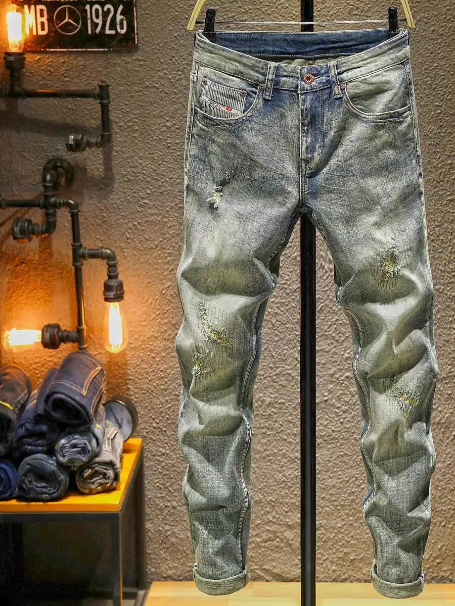 

Весенне-осенние мужские джинсы из денима, повседневные, с небольшими нашивками, зауженные, длинные брюки, износостойкие, молодежные, модные