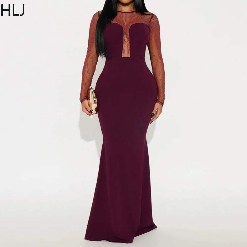 

HLJ Sexy Rhinestone Patchwork Bodycon Dresses for Woman Solid Color See Through Long Sleeves Dress Female Party Club Vestidos