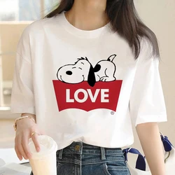 Camiseta de algodón de Snoopy Anime para mujer, camisetas blancas de manga corta Harajuku, camisetas informales de dibujos animados para hombre