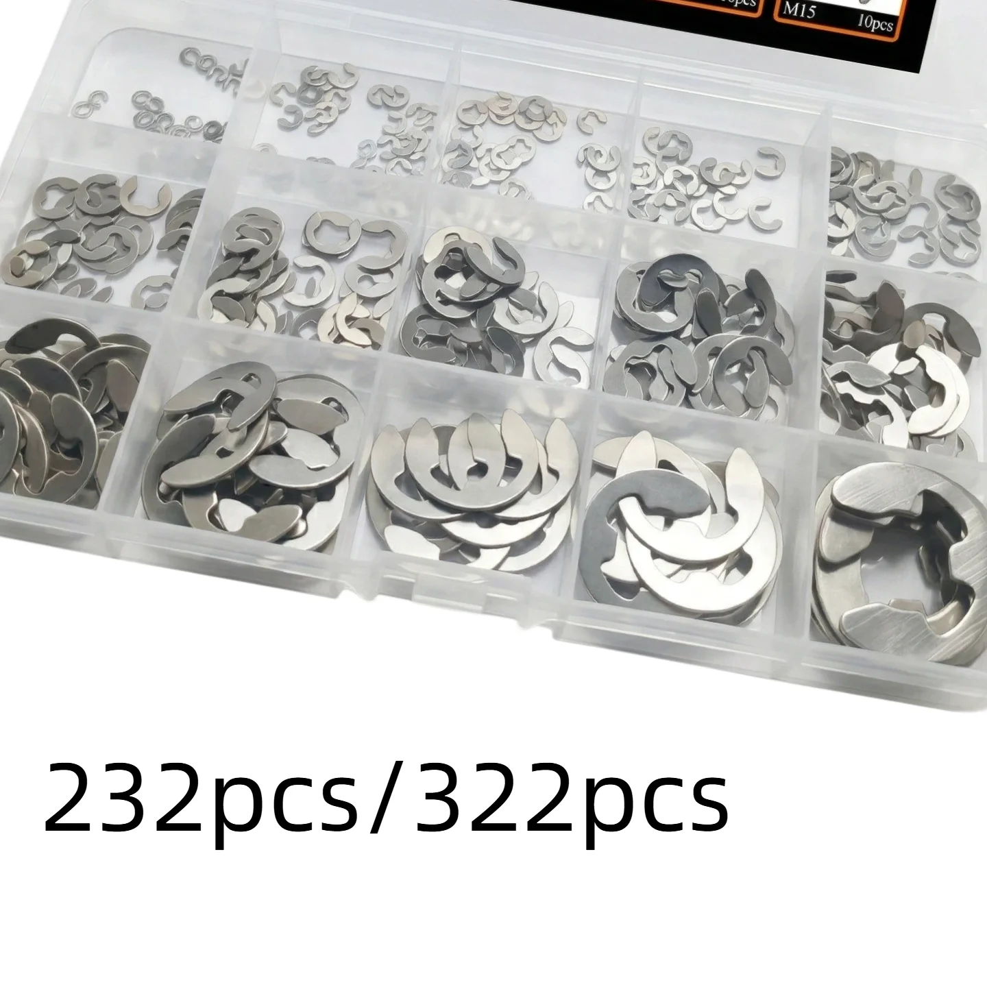 232/322pcs 304 Stainless Steel E-Clips Assortment Kit External Retaining Rings Set M1.5-M15 Metric Snap Ring for Marine Auto