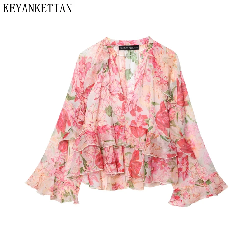 

KEYANKETIAN Summer New Women's Vacation Style V-neck Printed Ruffle Edge Layered Pleated Chiffon Shirt For Women