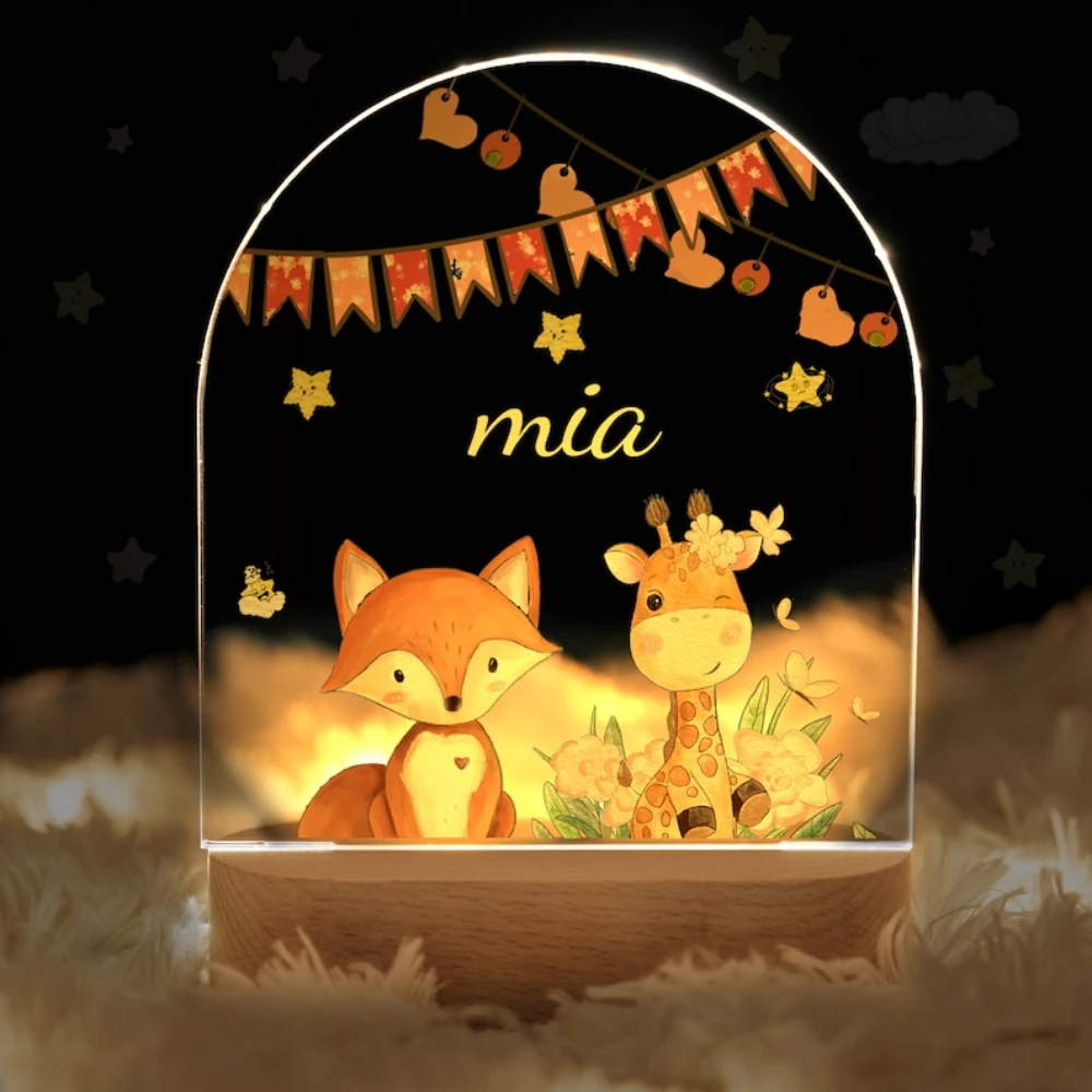 Luz nocturna de nacimiento personalizada para bebé, lámpara con Base de madera USB, nombre personalizado, Animal, elefante, jirafa, Decoración de mesa de dormitorio, arcoíris