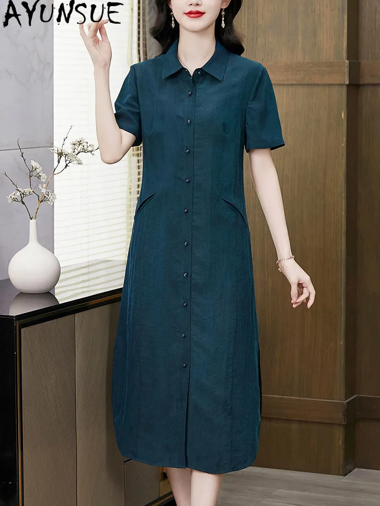 AYUNSUE 100% Mulberry Silk Dress Women Clothes Vintage Summer Dress Polo Collar Elegant Womens Dresses Gambiered Guangdong Gauze