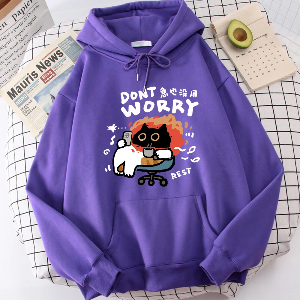 Cartoon Cat Slogans Are Urgent And Useless Mens Hoodie Comfort Versatile Hoody Leisure Personality Sweatshirt Home Fashion Tops