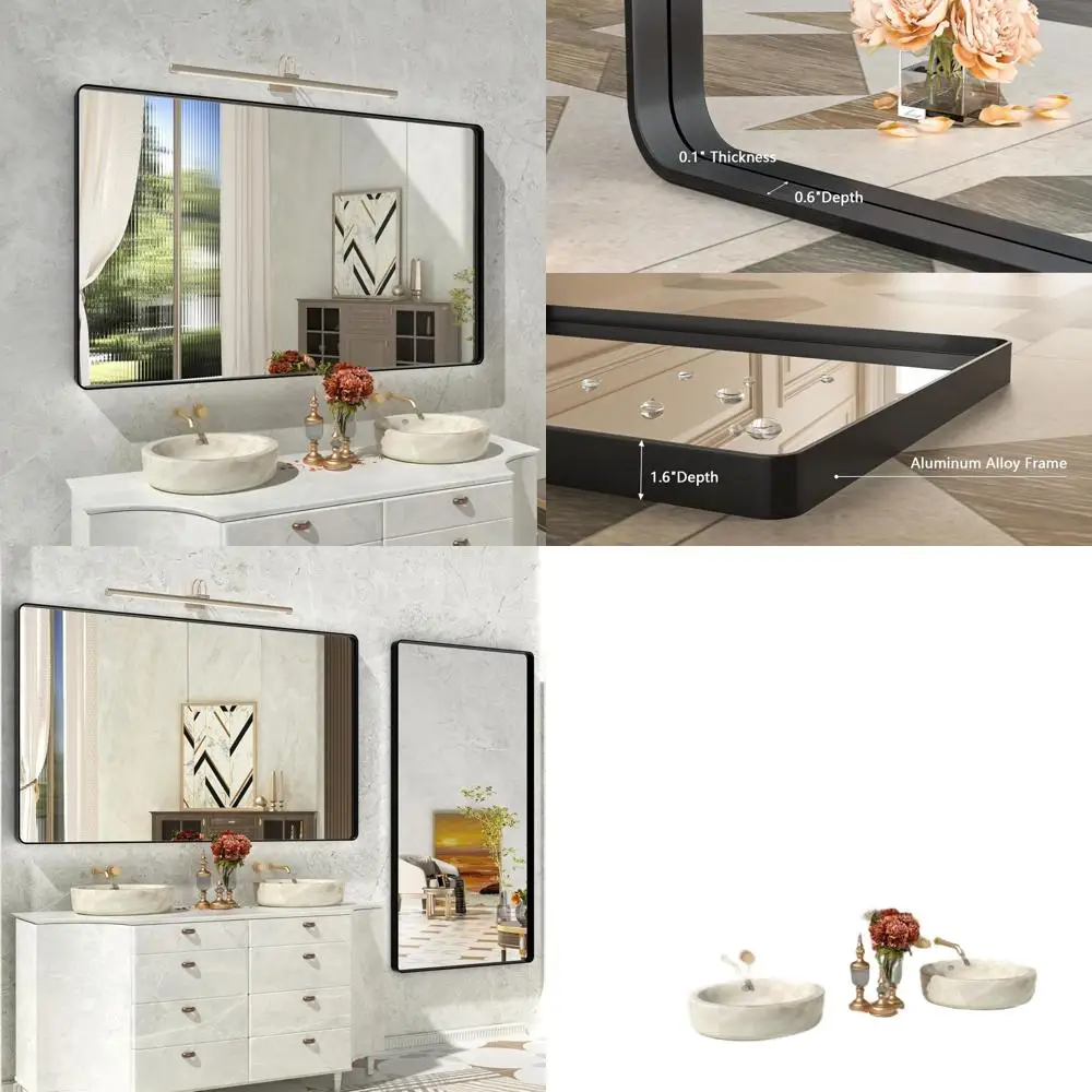 

60x36 Inch Large Matte Black Bathroom Mirror with Round Corners and Metal Frame - Tempered Glass, Anti-Rust for Wall Mounting
