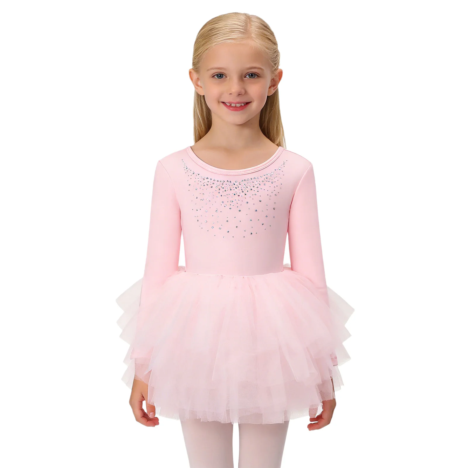 

Girls Ballet Dress Long Sleeve Glitter Rhinestone Cross Back Layered Tulle Dress with Built In Briefs Kids Ballerina Costume