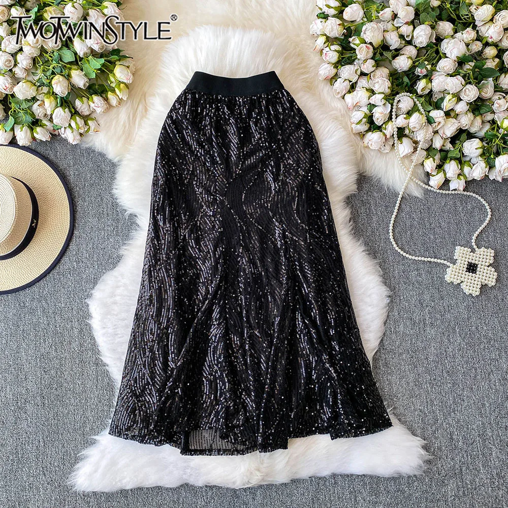 

TWOTWINSTYLE Slimming Spliced Sequin Solid Sexy Skirts For Women High Waist Temperament Long Skirt Female Fashion New KSK541966