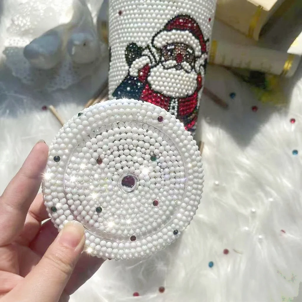 24 oz DIY Handmade Sparkling Christmas Water Cup Double Wall Cold Water Cup White Snow Scene with Classic Red and Green Color Ma