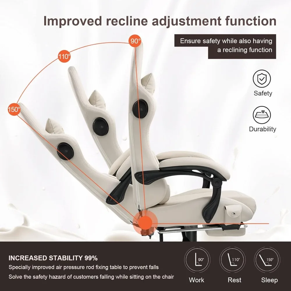 Gaming Chair, Computer Chair ，High Back Ergonomic , Reclining Gaming Chair with Linkage Armrests(Leather, Ivory)