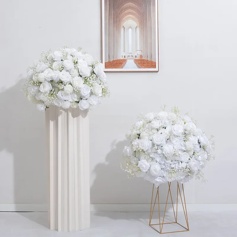 40/80cm Pure White Cream Rose Baby's Breath Flower Ball Wedding Table Centerpiece Display Vase Artificial Flowers