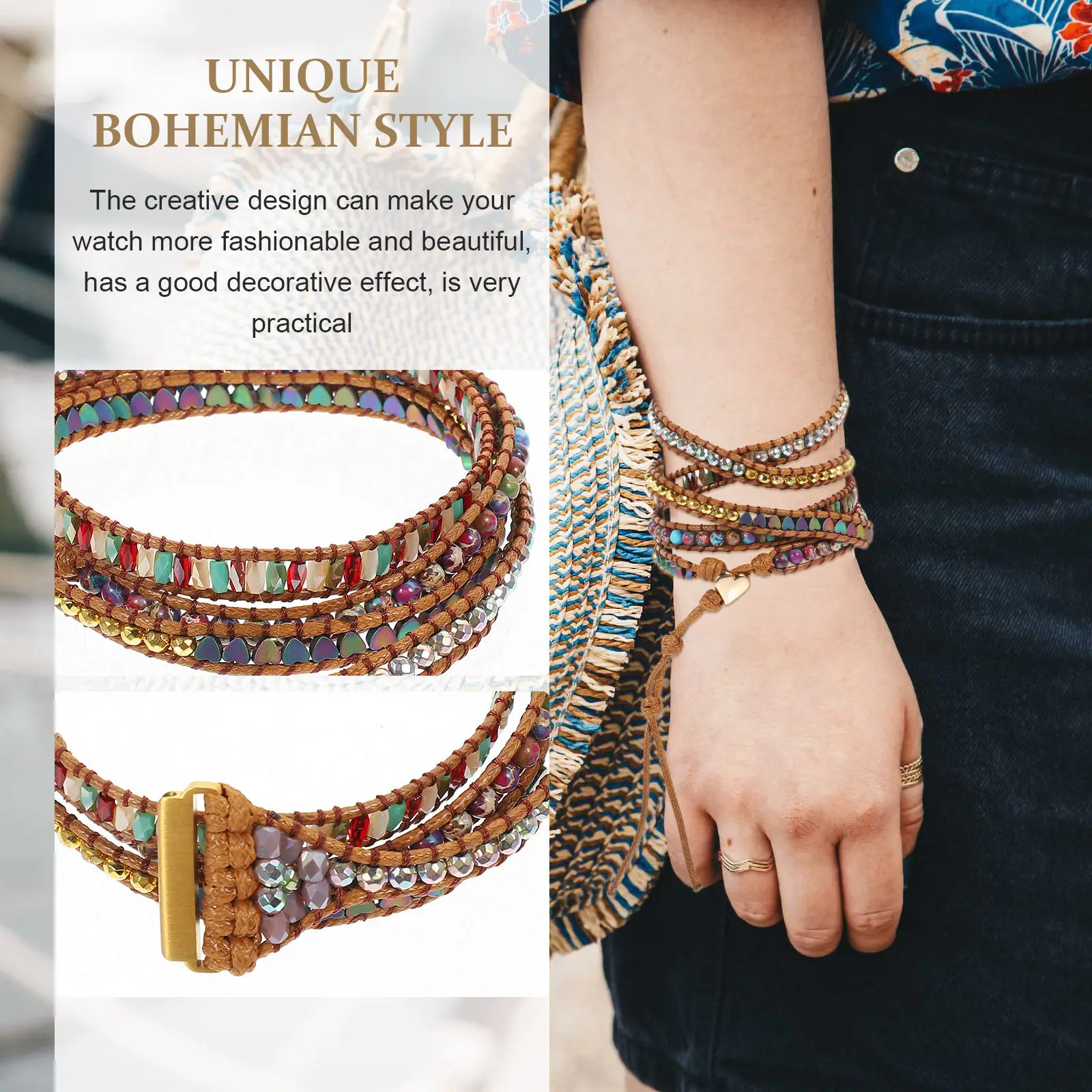 

Ремешок для часов в форме сердца с кристаллами, натуральный плетеный бисерный ремешок, изысканный, мягкий, удобный, элегантный, для повседневного использования, спорта, бизнеса, в подарок