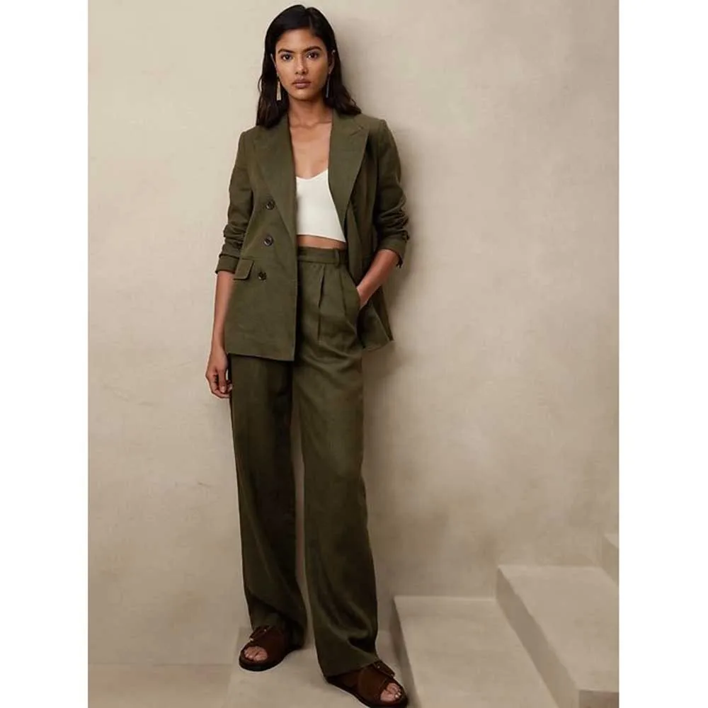 Elegant Green Suits for Women Double Breasted 2 Piece Jacket Pants Female Clothing Slim Fit Formal Office Lady Blazer Sets