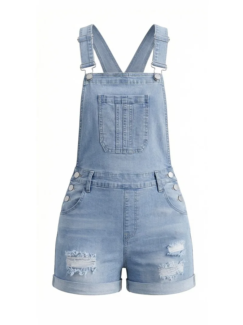 Casual Daily Light Blue Ripped Denim Overall Shorts 2026 Summer Y2K American Streetwear Thin Korean Loose Womens Shorts