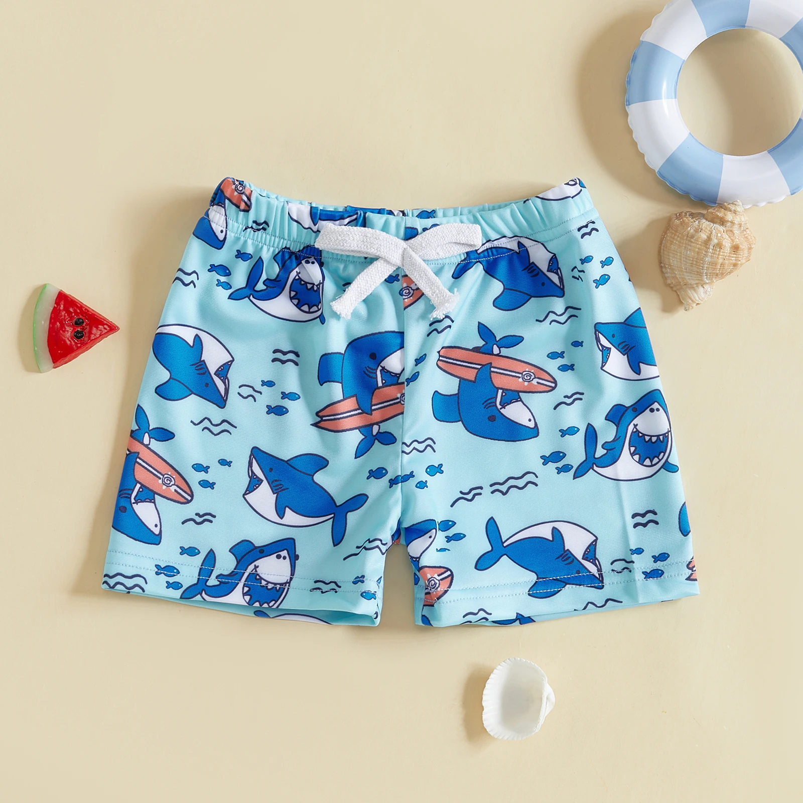 Yiiciovy Summer Kids Boys Swim Trunks Summer Cute Cartoon Shark Print Elastic Beach Board Shorts Children Swimwear Bathing Suit