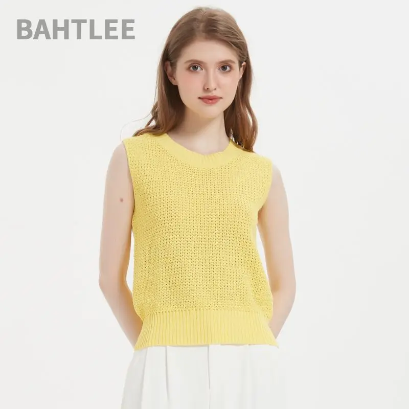 BAHTLEE-Women's Linen Sleeveless T-Shirt, O-Neck Pullovers, Button Vest, Hollow Out Sweaters, Summer