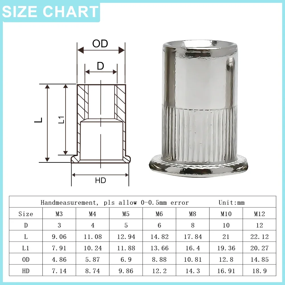 5-20PCS Flat Rivet Nut M3 M4 M5 M6 M8 M10 M12 304 Stainless Steel Flat Head Threaded Rivet Insert Nutsert Cap Rivets Nuts