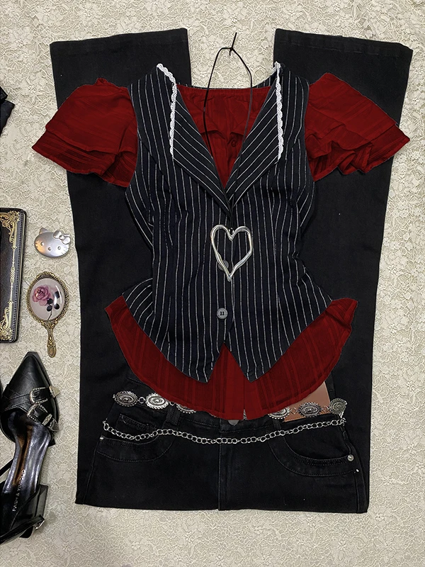 

Оригинальный винтажный весенний комплект Ladygirl, белый комплект с жилетом, комплект из двух предметов, женская летняя одежда из смеси хлопка ort Sve