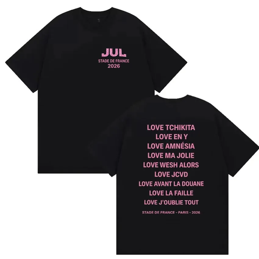 Camisetas com estampa dupla face Jul Stade De France Tour 2026, roupas masculinas e femininas, camiseta oversized de algodão de alta qualidade
