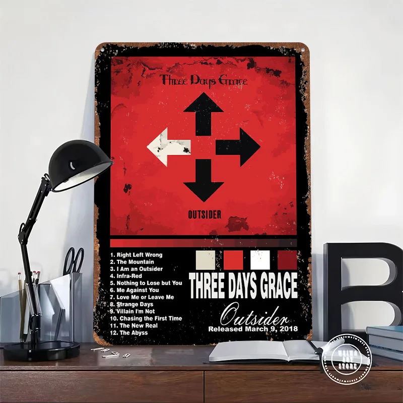 Three Days Grace - Outsider Album Tinplate Poster Customized Wall Art Retro Vintage Metal Signs for Fans Office Decor Room House