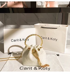 Pearl Beaded Metal Ring Handle Bucket Bag Women's Handbag Luxury Evening Bag Wedding Party Clutch Purse Shoulder Messenger Bag