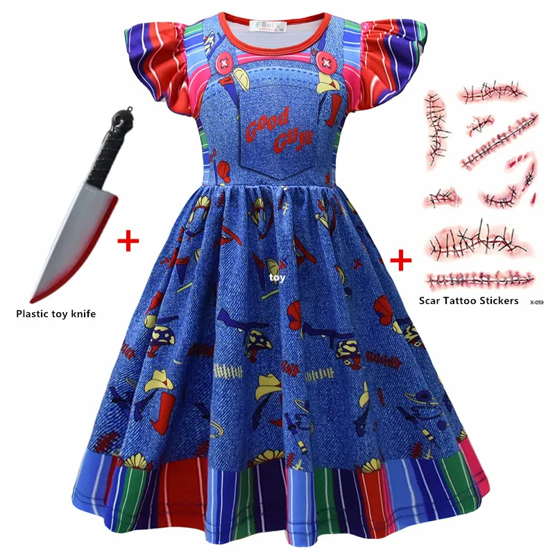 Girls Halloween Horror Costume Ghost Doll Nightmare Clothing Chucky Cosplay Costume Children Carnival Party Princess Dress Set