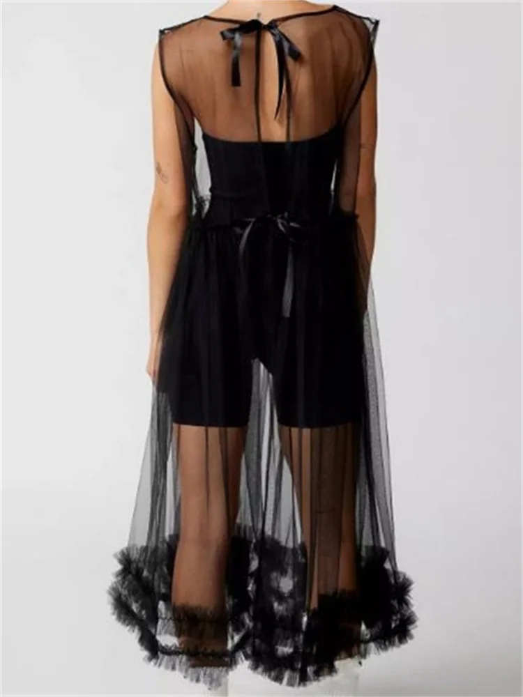 Chronstyle sexy Frauen Mesh schiere durch Midi-Kleid einfarbig Rundhals ausschnitt Rüschen ärmelloses Kleid Strand Bade bekleidung Vertuschungen