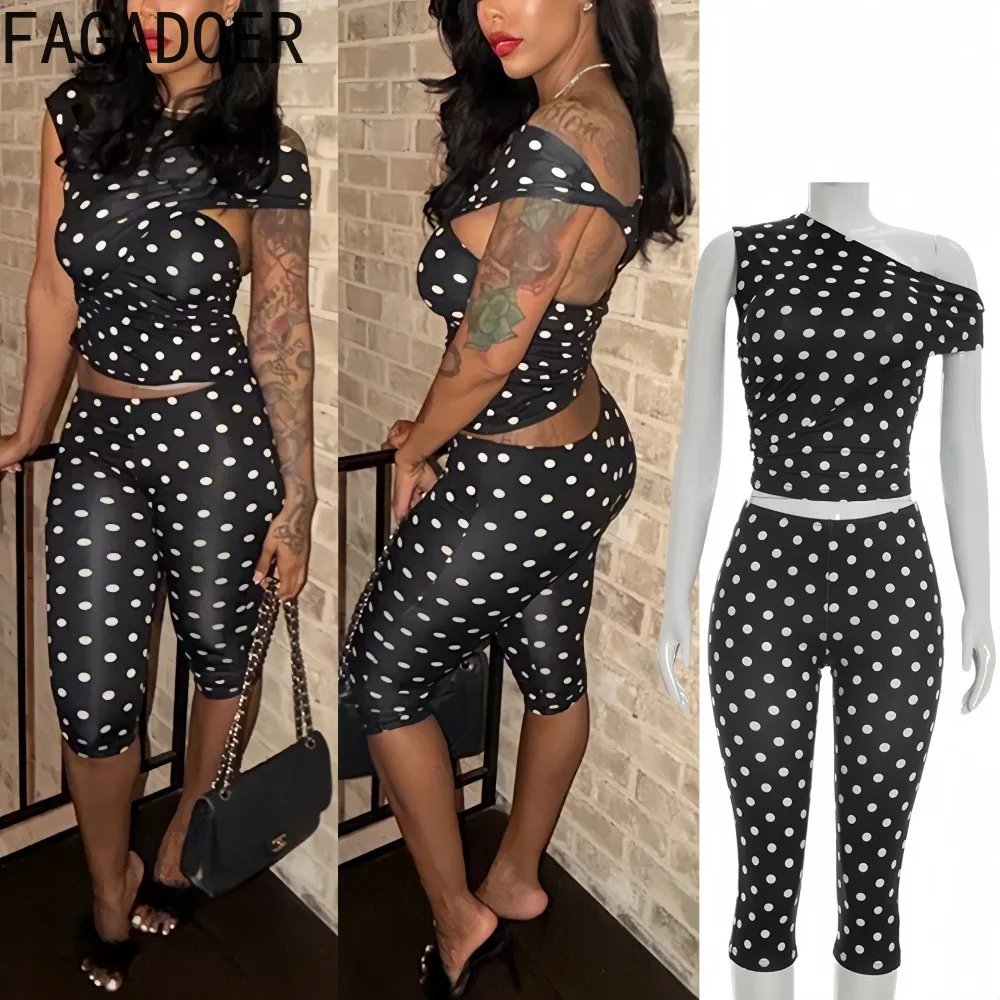 

FAGADOER Sexy Polka Dot Print Two Piece Outfits Woman Off Showlder Sleeveless Backless Crop Top and Pants Female Streetwear 2026
