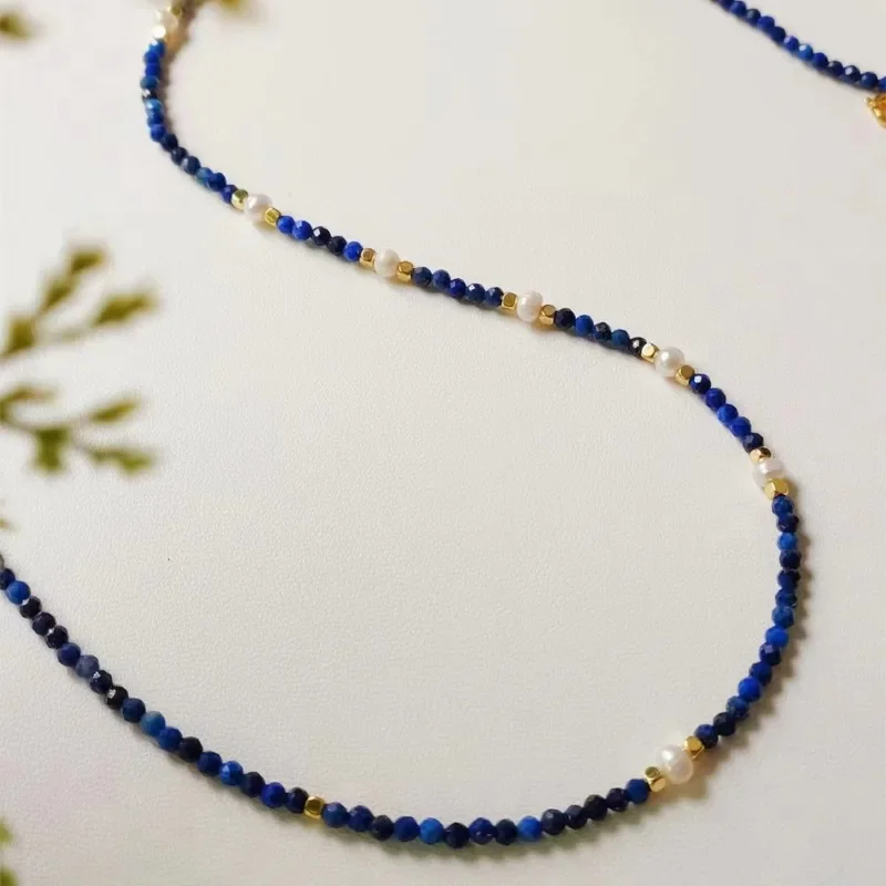 Minar Dainty Navy Blue Lapis Lazuli Natural Stone Freshwater Pearl Beaded Necklace Women\'s 14K Gold Plated Copper Strand Choker