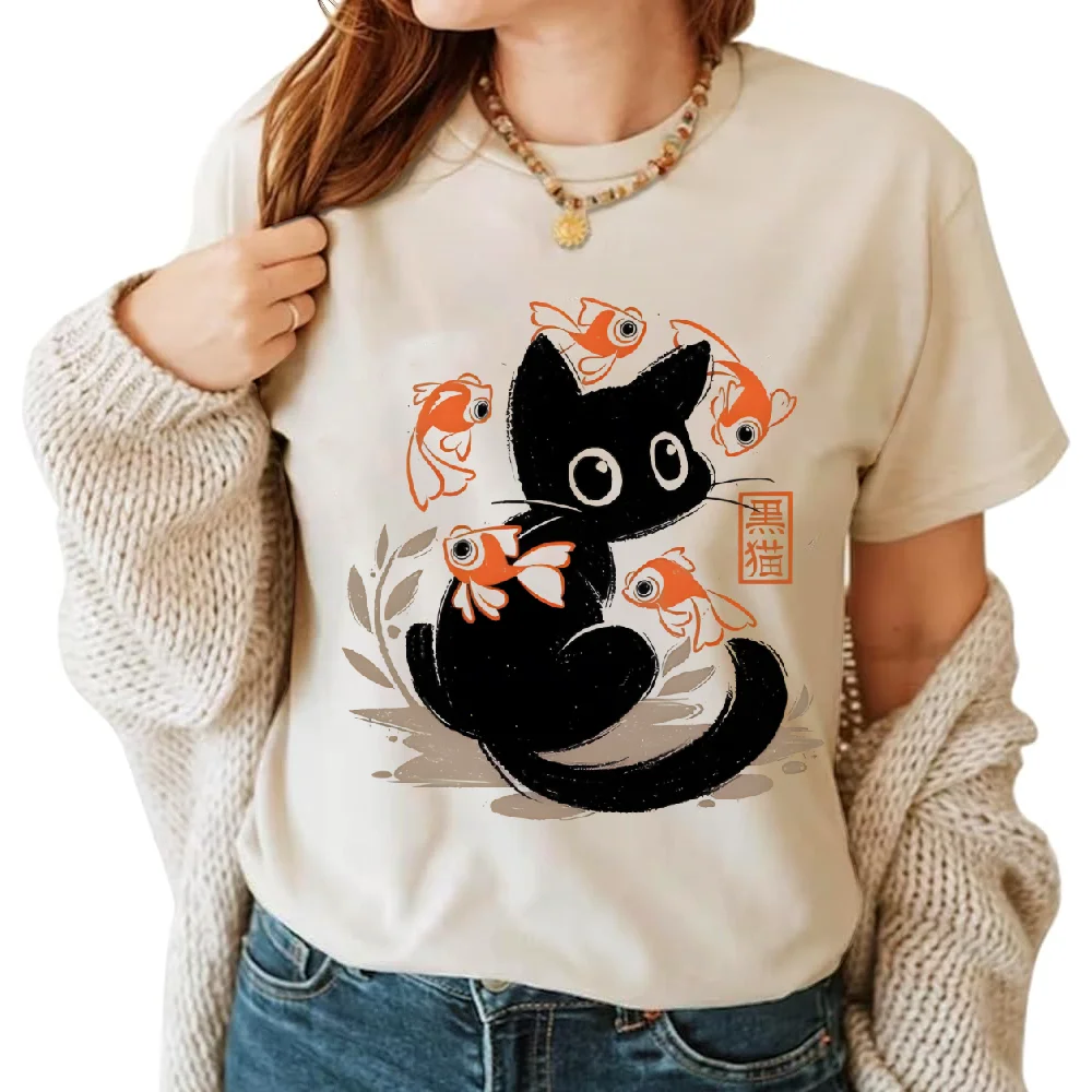 

Black Cat and Fish Elements Women T-Shirt Cool Y2k Women's Graphic Hand-Painted Art Korean Style T-Shirt Oversized Summer Goth