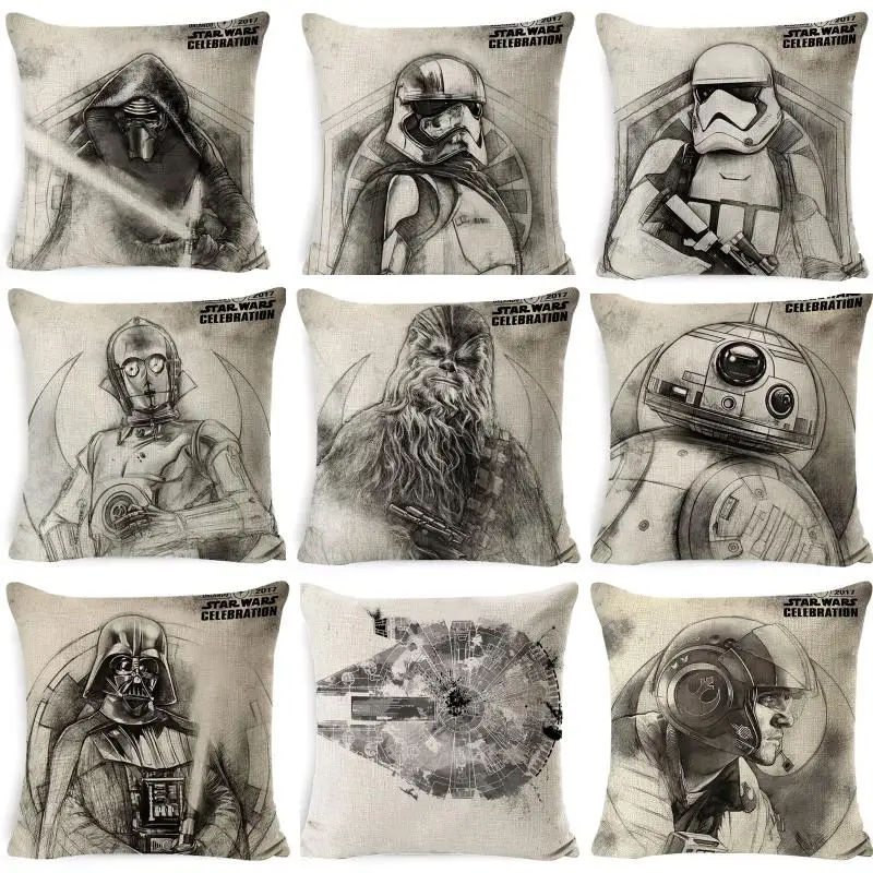 Almohada cuadrada de lino con personaje de Star Wars, cojín para el hogar de la nave espacial del caballero Jedi, regalo ornamental suave y agradable para la piel de 45x45Cm